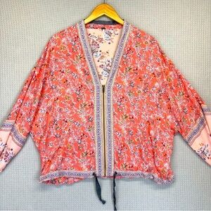 Free People Wildflower Floral Pink Cinched Zip Up Kimono Jacket XS/S Boho